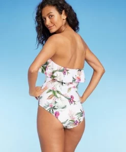 Women's Bandeau Flounce Front Ruched Full Coverage One Piece Swimsuit - Kona Sol™ Cream