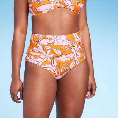 Women's Tropical Print Tummy Control Full Coverage High Waist Bikini Bottom - Kona Sol™ Orange 5 Women's Tropical Print Tummy Control Full Coverage High Waist Bikini Bottom - Kona Sol™ Orange - Image 3