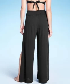 Women's Smocked Waist Side Slit Cover Up Pants - Kona Sol™ Black