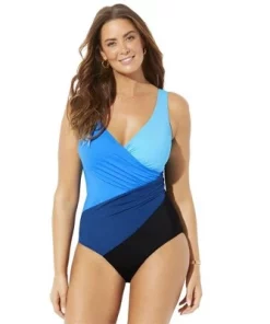 Swimsuits for All Women's Plus Size Colorblock Surplice One Piece Swimsuit