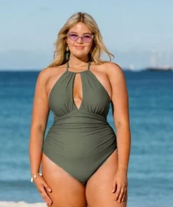 Women's Green Plus Size One Piece Ruched Cutout Halter Self Tied Bathing Suit - Cupshe -Olive