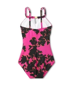 Women's High Neck Keyhole One Piece Swimsuit - Aqua Green® Pink Floral Print -Default Template 7 GUEST 21a81fc7 8c3e 4ed6 a57a ad2fb222a657