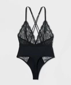 Women's Deep-V Unlined Lace Lingerie Bodysuit - Auden™ Black