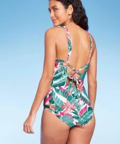 Women's Full Coverage Tummy Control Tropical Print Front Wrap One Piece Swimsuit - Kona Sol™ Multi