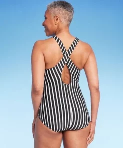 Lands' End Women's UPF 50 Full Coverage High Neck Tugless One Piece Swimsuit Blue Multi