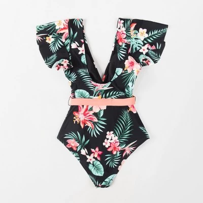 Women's V Neck Ruffle One Piece Swimsuit Tropical Floral Bathing Suit - Cupshe 5 Women's V Neck Ruffle One Piece Swimsuit Tropical Floral Bathing Suit - Cupshe - Image 3