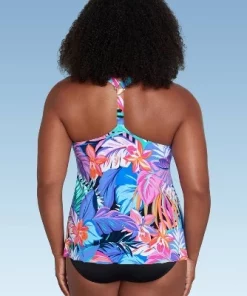 Women's UPF 50 V-Neck Tankini Top - Aqua Green® Multi Tropical Print