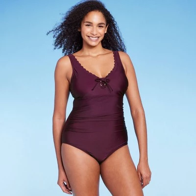 Women's Grommet Scallop Full Coverage One Piece Swimsuit - Kona Sol™ Navy Blue 4 Women's Grommet Scallop Full Coverage One Piece Swimsuit - Kona Sol™ Navy Blue - Image 2