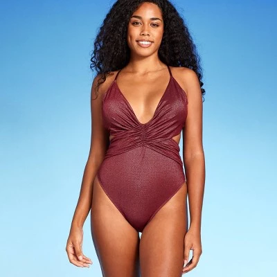 Women's Monokini Plunge Cut Out High Leg Lurex One Piece Swimsuit - Shade & Shore™ Burgundy 9 Women's Monokini Plunge Cut Out High Leg Lurex One Piece Swimsuit - Shade & Shore™ Burgundy - Image 7