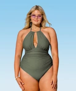 Women's Green Plus Size One Piece Ruched Cutout Halter Self Tied Bathing Suit - Cupshe -Olive -Default Template 7 GUEST 37532efb ffcd 4c17 b7c3 7000c4eaa835