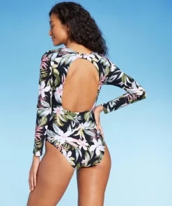 Women's Tropical Print Long Sleeve One Piece Swimsuit - Kona Sol™ Black