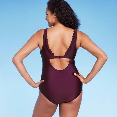 Women's Grommet Scallop Full Coverage One Piece Swimsuit - Kona Sol™ Navy Blue 5 Women's Grommet Scallop Full Coverage One Piece Swimsuit - Kona Sol™ Navy Blue - Image 3