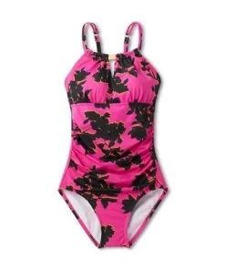 Women's High Neck Keyhole One Piece Swimsuit - Aqua Green® Pink Floral Print -Default Template 7 GUEST 4fc07cfd 5605 45d6 9087 637610701932