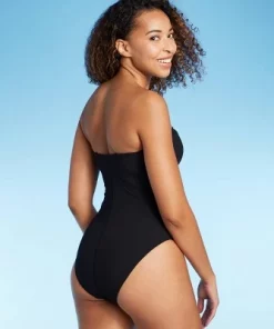 Women's Shirred Ribbed Bandeau Cheeky One Piece Swimsuit - Shade & Shore⢠Blue
