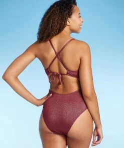 Women's Monokini Plunge Cut Out High Leg Lurex One Piece Swimsuit - Shade & Shore™ Burgundy