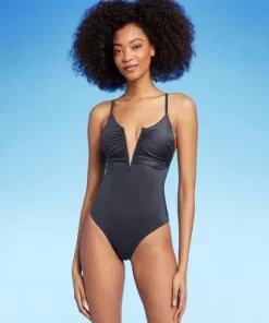 Women's Shirred V-Wire Plunge One Piece Swimsuit - Shade & Shore™ Gray -Default Template 7 GUEST 63604a0e eaee 48cd 88b9 2f2a190c3d87 3
