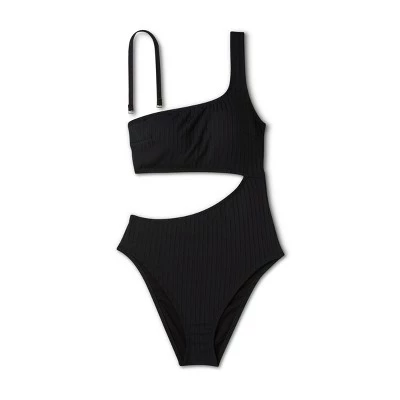 Women's Ribbed One Shoulder Cut Out One Piece Swimsuit - Shade & Shore™ Black 7 Women's Ribbed One Shoulder Cut Out One Piece Swimsuit - Shade & Shore™ Black - Image 5
