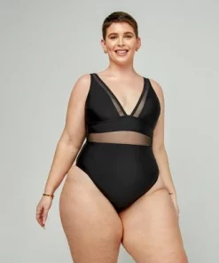 Women's Plus Size V Neck Mesh Sheer One Piece Swimsuit -Cupshe