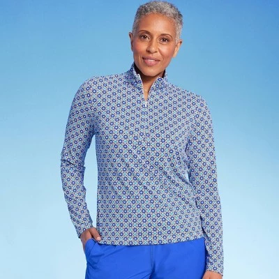 Lands' End Women's UPF 50 Geo Print Long Sleeve Quarter Zip Rash Guard - Blue 9 Lands' End Women's UPF 50 Geo Print Long Sleeve Quarter Zip Rash Guard - Blue - Image 7