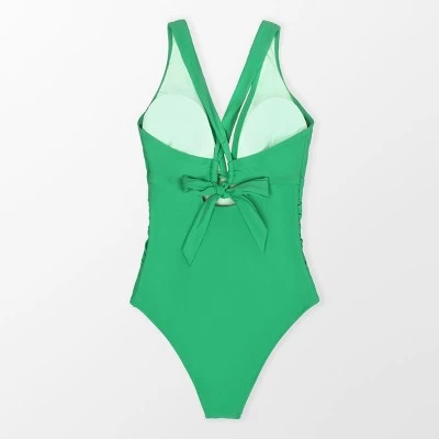 Women's Plus Size One Piece Swimsuit Deep V Neck Ruched Self Tie Bathing Suit -Cupshe - Green 4 Women's Plus Size One Piece Swimsuit Deep V Neck Ruched Self Tie Bathing Suit -Cupshe - Green - Image 2