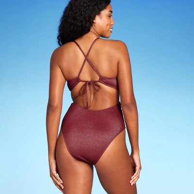 Women's Monokini Plunge Cut Out High Leg Lurex One Piece Swimsuit - Shade & Shore™ Burgundy 5 Women's Monokini Plunge Cut Out High Leg Lurex One Piece Swimsuit - Shade & Shore™ Burgundy - Image 3