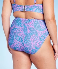 Women's Paisley Print High Waist Medium Coverage High Leg Bikini Bottom - Wild Fable™ Blue/Pink