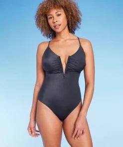 Women's Shirred V-Wire Plunge One Piece Swimsuit - Shade & Shore™ Gray -Default Template 7 GUEST 7ec1cae7 0d1a 4c90 8beb 7a6d3379b8a8