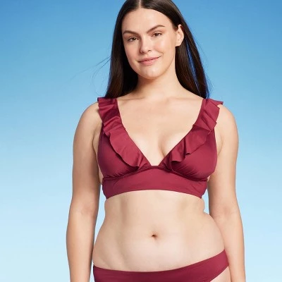 Women's Ruffle V-Neck Longline Triangle Bikini Top - Shade & Shore™ Burgundy 5 Women's Ruffle V-Neck Longline Triangle Bikini Top - Shade & Shore™ Burgundy - Image 3
