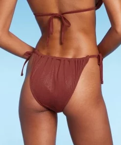 Women's Side-Tie Adjustable Extra High Leg Lurex Plisse Textured Bikini Bottom - Wild Fable™ Brown