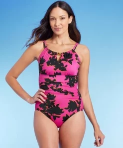 Women's High Neck Keyhole One Piece Swimsuit - Aqua Green® Pink Floral Print -Default Template 7 GUEST a2c5ea82 a0fe 4e80 9f88 9e70f5556d52 1