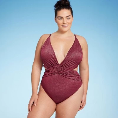 Women's Monokini Plunge Cut Out High Leg Lurex One Piece Swimsuit - Shade & Shore™ Burgundy 11 Women's Monokini Plunge Cut Out High Leg Lurex One Piece Swimsuit - Shade & Shore™ Burgundy - Image 9