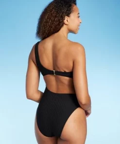 Women's Ribbed One Shoulder Cut Out One Piece Swimsuit - Shade & Shore™ Black