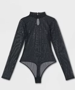 Women's Sequin Mesh Long Sleeve Lingerie Bodysuit - Auden™ Black