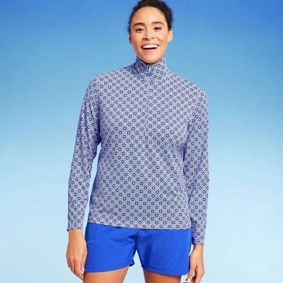 Lands' End Women's UPF 50 Geo Print Long Sleeve Quarter Zip Rash Guard - Blue 4 Lands' End Women's UPF 50 Geo Print Long Sleeve Quarter Zip Rash Guard - Blue - Image 2