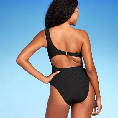Women's Ribbed One Shoulder Cut Out One Piece Swimsuit - Shade & Shore™ Black 5 Women's Ribbed One Shoulder Cut Out One Piece Swimsuit - Shade & Shore™ Black - Image 3