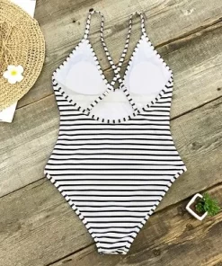 Women's Stripe Crisscross One Piece Swimsuit - Cupshe -Black/White -Default Template 7 GUEST bbb4fa39 afc9 4b86 9920 bc8619f93f75