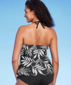 Women's Palm Print High Neck Keyhole Ruched Tankini Top - Kona Sol⢠Black