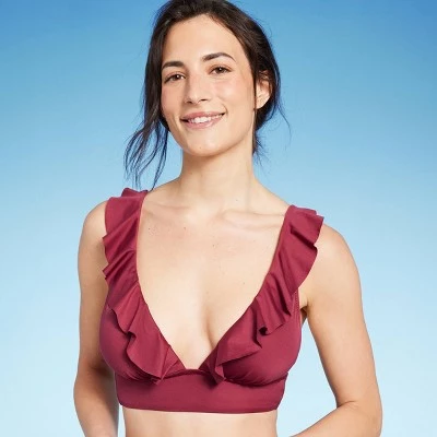 Women's Ruffle V-Neck Longline Triangle Bikini Top - Shade & Shore™ Burgundy 10 Women's Ruffle V-Neck Longline Triangle Bikini Top - Shade & Shore™ Burgundy - Image 8