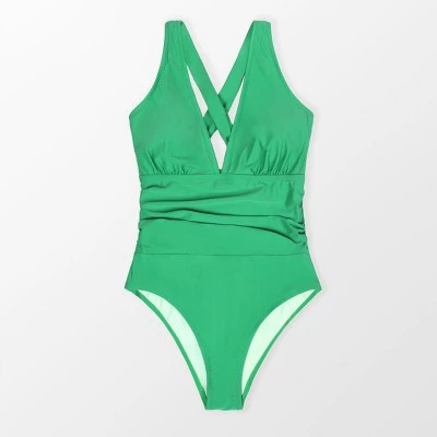 Women's Plus Size One Piece Swimsuit Deep V Neck Ruched Self Tie Bathing Suit -Cupshe - Green 6 Women's Plus Size One Piece Swimsuit Deep V Neck Ruched Self Tie Bathing Suit -Cupshe - Green - Image 4