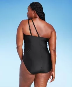 Women's Tummy Control One Shoulder Ruched Full Coverage One Piece Swimsuit - Kona Sol™ Black
