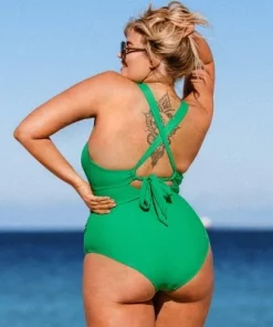 Women's Plus Size One Piece Swimsuit Deep V Neck Ruched Self Tie Bathing Suit -Cupshe - Green