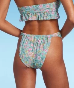 Women's Wide Strap Adjustable High Leg Bikini Bottom - Wild Fable⢠Green Floral Print
