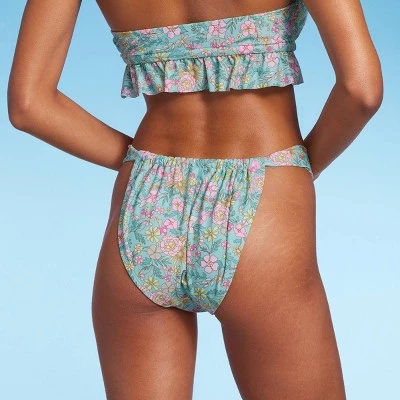 Women's Wide Strap Adjustable High Leg Bikini Bottom - Wild Fable™ Green Floral Print 3 Women's Wide Strap Adjustable High Leg Bikini Bottom - Wild Fable™ Green Floral Print