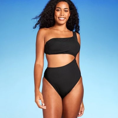 Women's Ribbed One Shoulder Cut Out One Piece Swimsuit - Shade & Shore™ Black 6 Women's Ribbed One Shoulder Cut Out One Piece Swimsuit - Shade & Shore™ Black - Image 4