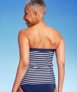 Lands' End Women's UPF 50 Striped Bandeau Tankini Top - Navy Blue
