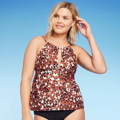 Women's Leopard Print High Neck Keyhole Tankini Top - Kona Sol™ Brown 8 Women's Leopard Print High Neck Keyhole Tankini Top - Kona Sol™ Brown - Image 6