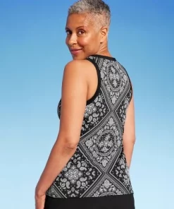 Lands' End Women's UPF 50 High Neck Tankini Top Pink/orange